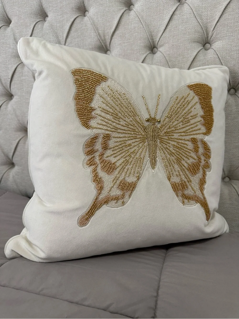 New Z Gallerie Bella Beaded butterfly pillow 20x20 ivory gold